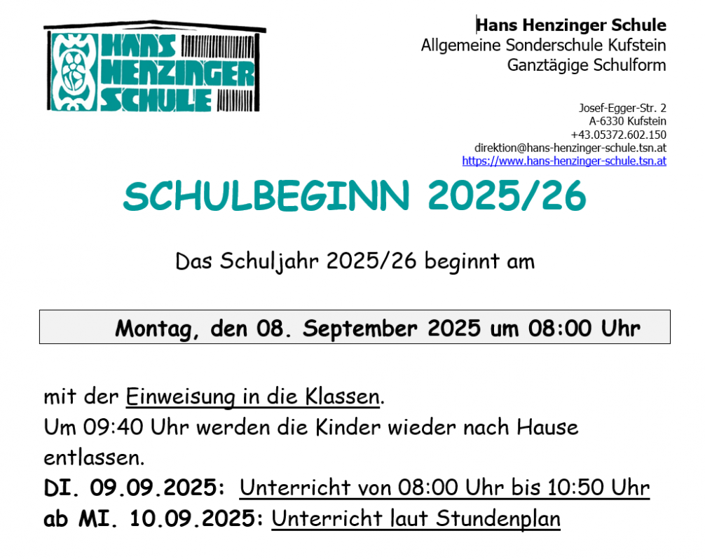Info zu Schulbeginn