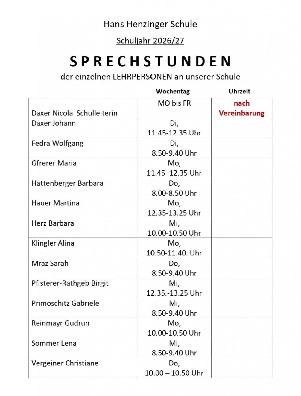 Sprechstunden 2026/27